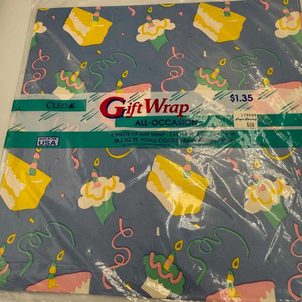 Vintage Gibson Cleo Birthday Gift Wrap 4 Sheets Animals Cake Retro Deadstock NEW